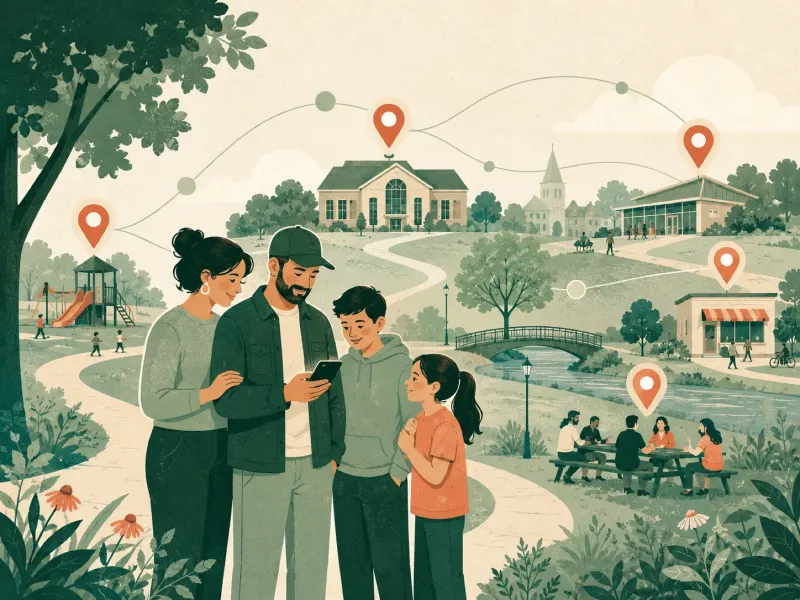 Illustrated family using a local map to find reviewed community resources.