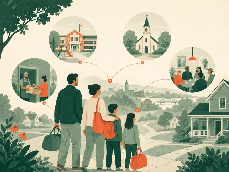 A family arriving with their bags, linked to a school, a church, groceries and neighbors.