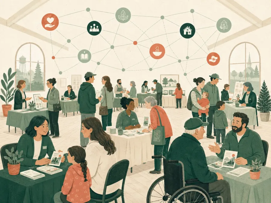 Illustrated community workshop where local partners co-create maps, records, and workflows.