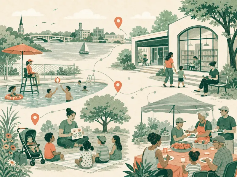 Illustrated Greater Green Bay summer guide scene with parks, programs, free meals, markets, and local resources connected by map pins.