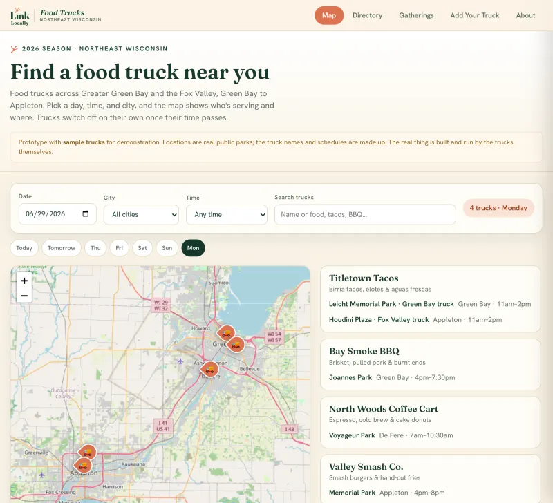 Food Trucks Northeast Wisconsin prototype map with filters, map pins, and truck listings.