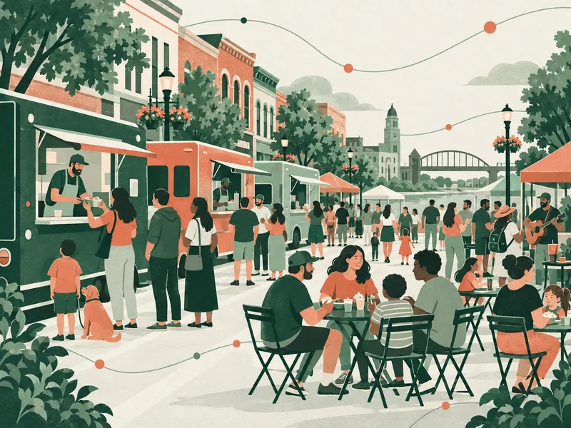 Illustration of a Green Bay street with food trucks, people ordering, and families eating at tables.