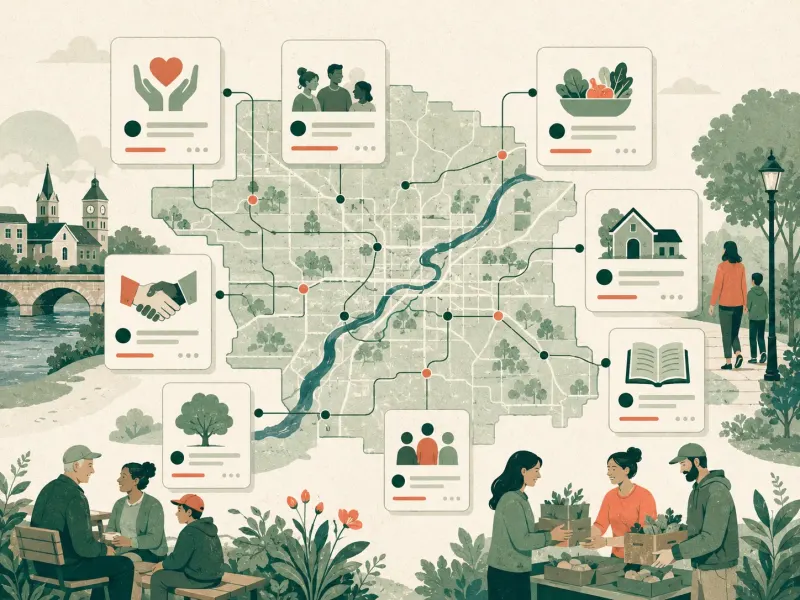 Illustrated regional nonprofit directory surface with connected organization records.