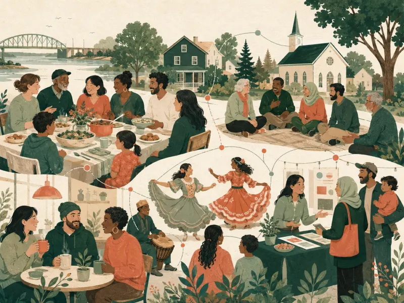 Illustrated neighbors sharing meals, conversation, cultural celebration, faith community, and belonging across a local place.