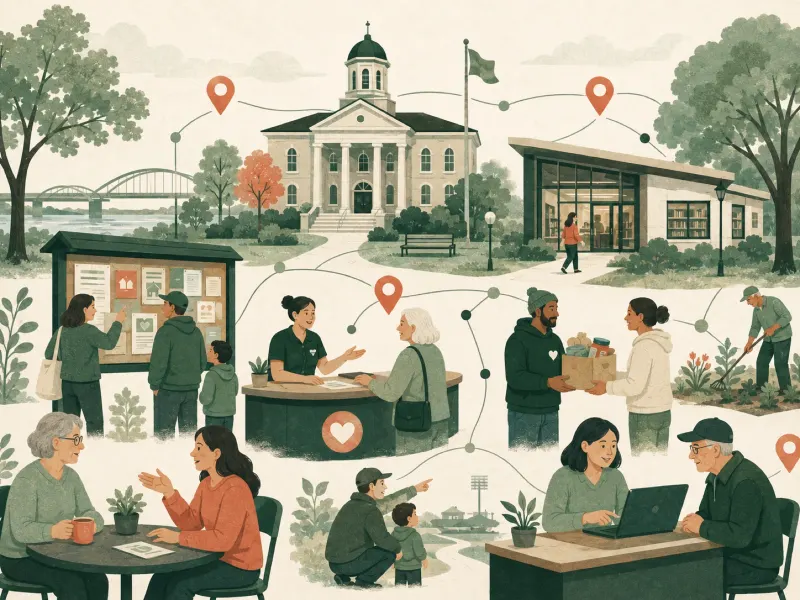 Illustrated civic services with public buildings, help desks, resource boards, food support, volunteer work, and local service connections.