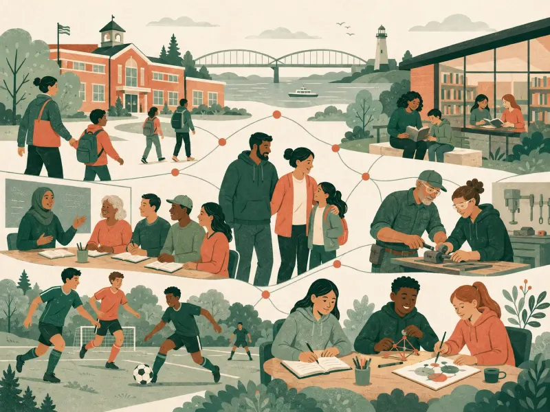 Illustrated schools, library learning, youth sports, apprenticeships, and student activities connected across a local community.