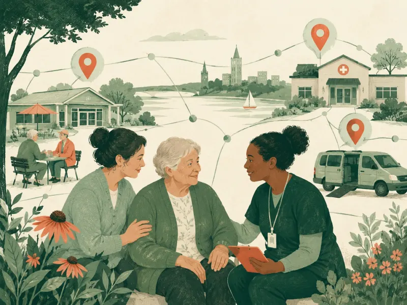 Illustrated caregiver, older adult, clinic, transportation, and local care supports connected by community nodes.