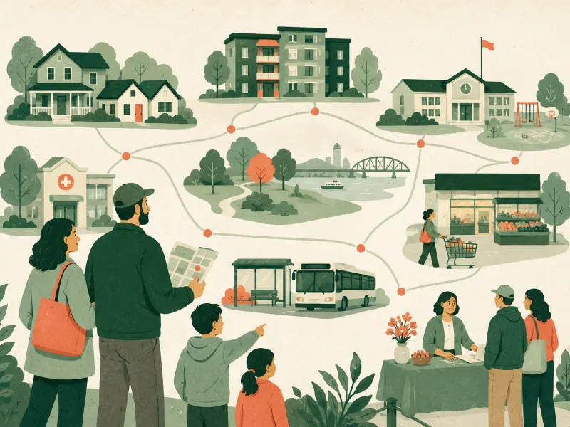 Illustrated family relocation map connecting homes, apartments, schools, transit, groceries, healthcare, and welcome support.