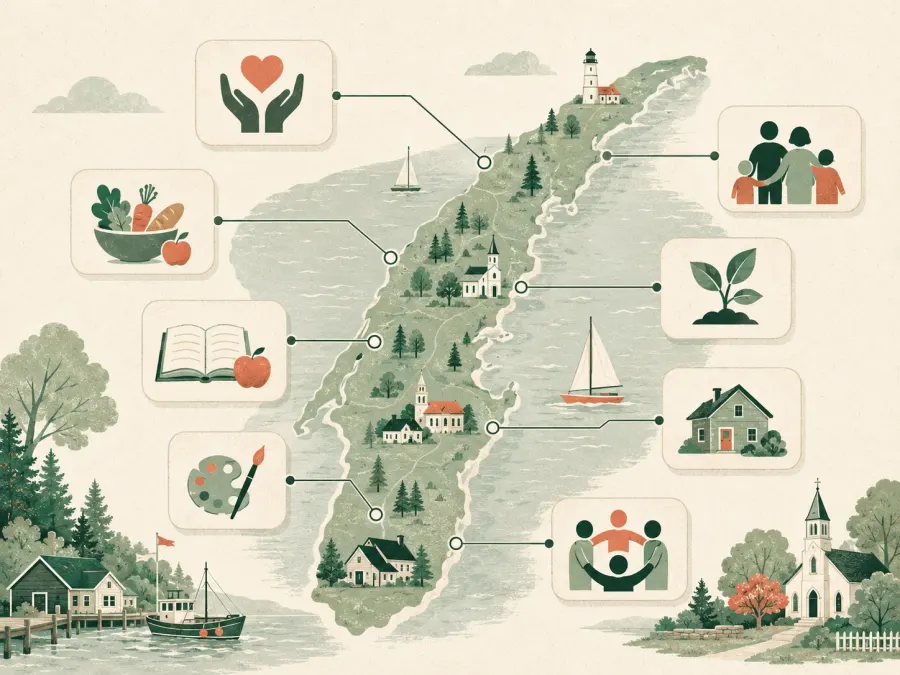 Illustrated regional network map showing connected community surfaces.