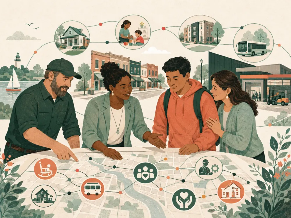 Illustrated community reliance map with people connecting housing, childcare, transportation, care, workforce support, and local services.