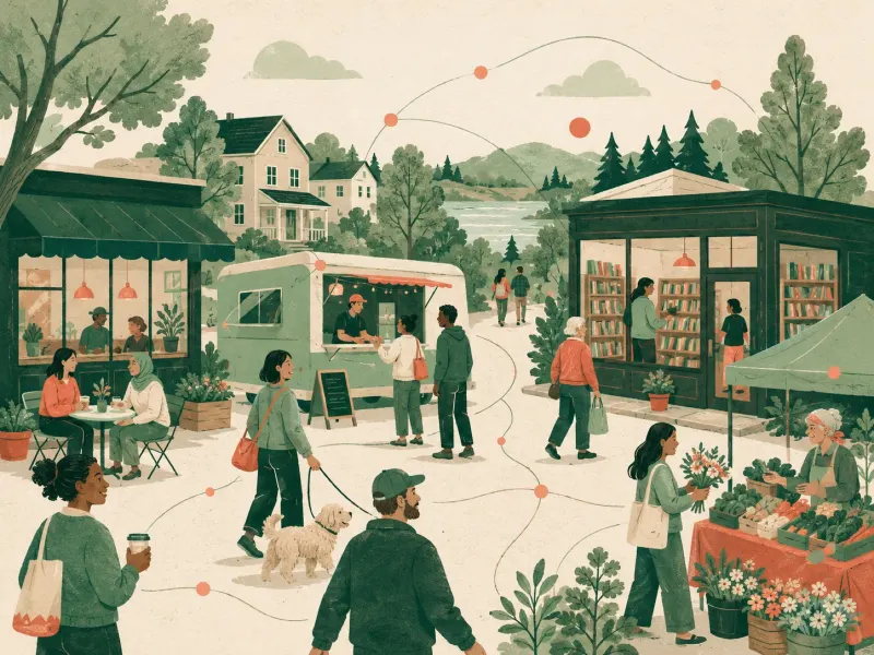 Illustrated main street with small businesses, a food truck, local shops, market vendors, and people moving through the community.